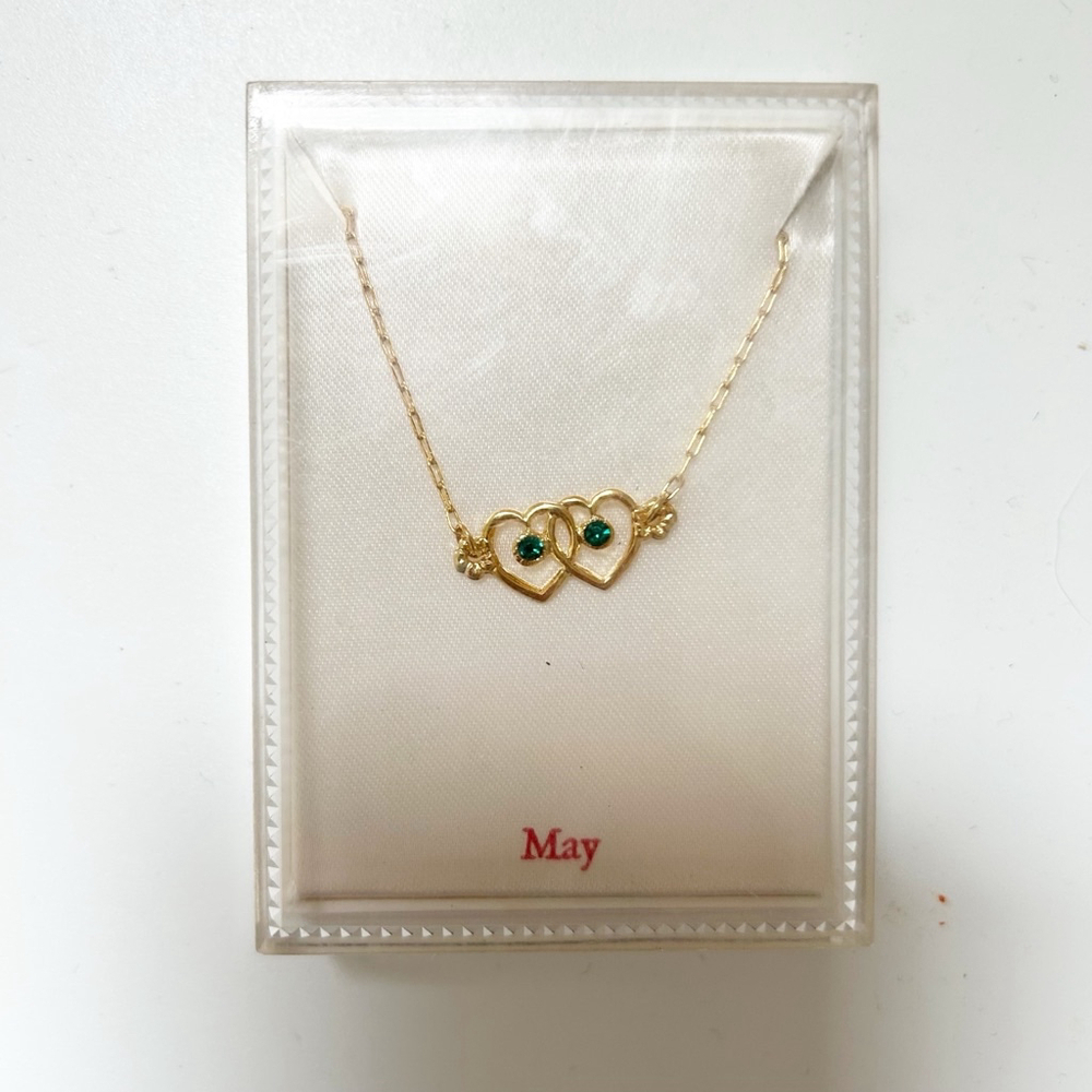 Vintage Girls May Birthstone Two Heart Gold Toned Necklace